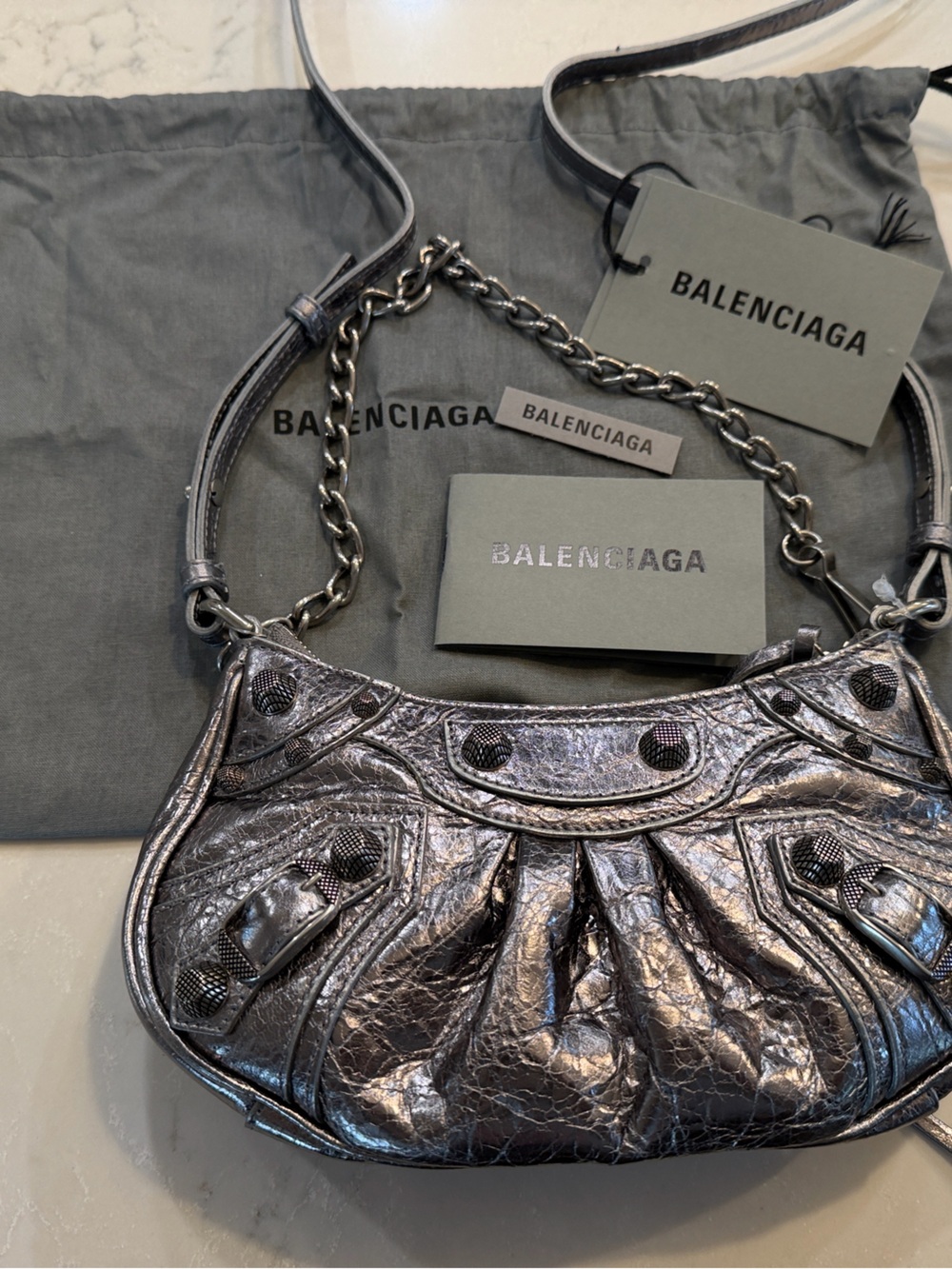 Balenciaga Metallic Silver Crinkled Leather Chain mini small Shoulder Bag